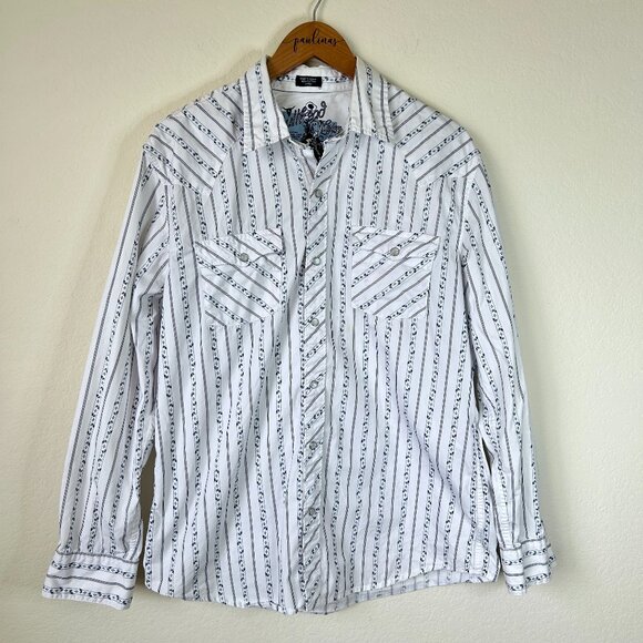 Bullhead Shirt Mens Large White Blue Floral Striped Pearl Snap Western Cowboy L - Picture 1 of 7
